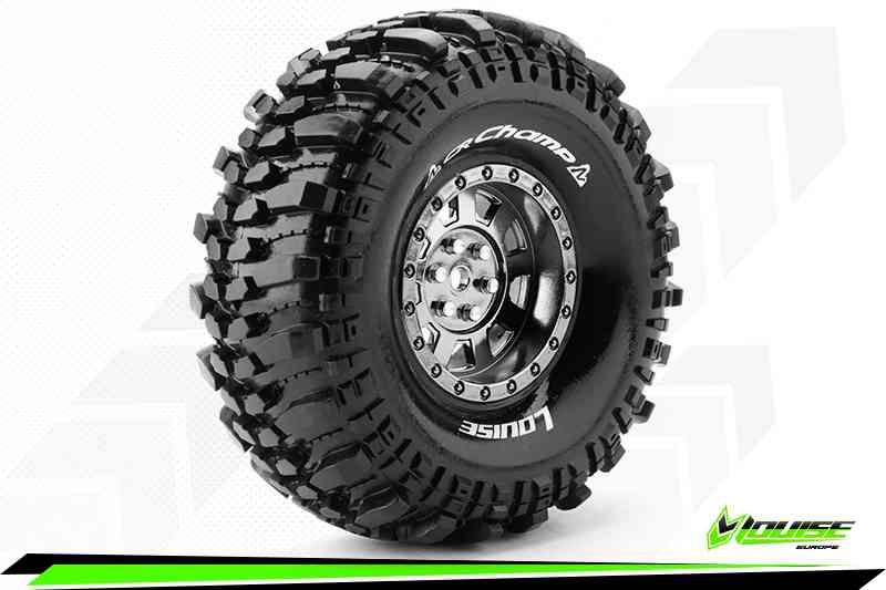 Louise RC-CR-CHAMP-1-10 Crawler Tire Set-Mounted-Super Soft-Black Chrome 1.9 Wheels-Hex 12mm