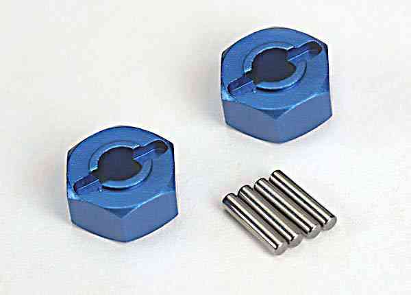 TRAXXAS Wheel hubs, hex (blue-anodized, lightweight aluminum) (2)/ axle pins(4)