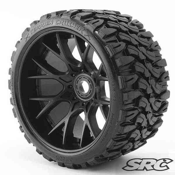 Sweep Racing Monster Truck Terrain Crusher Belted tire preglued on WHD Black wheel 2pc set