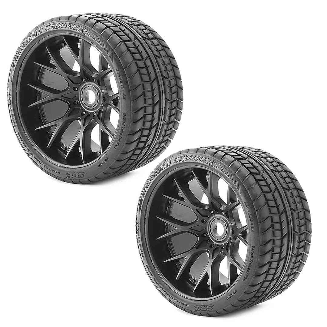 SWEEP RACING MONSTER TRUCK ROAD CRUSHER BELTED TIRE ON WHD BLACK WHEELS (2)