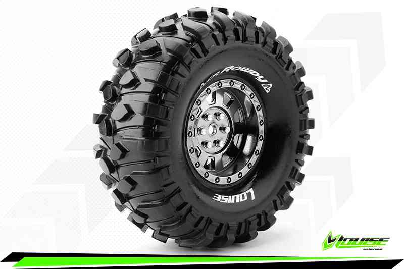 Louise RC-CR-ROWDY-1-10 Crawler Tire Set-Mounted-Super Soft-Black Chrome 1.9 Wheels-Hex 12mm