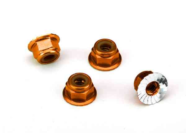 Traxxas Nuts, aluminum, flanged, serrated (4mm) (orange-anodized) (4)
