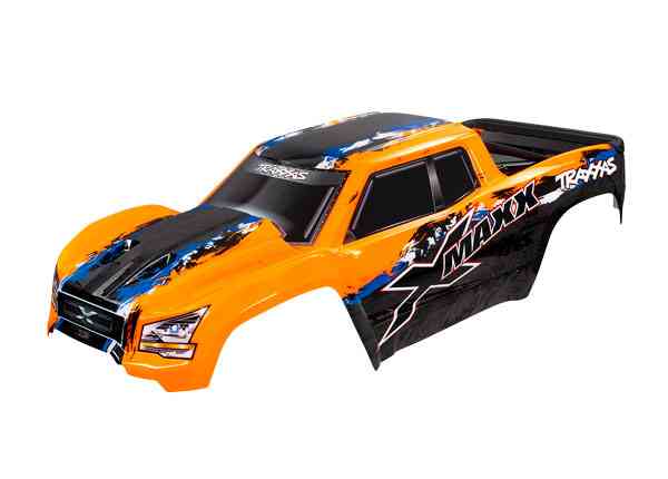 Traxxas Body, X-Maxx, orange (painted, decals applied) (assembled with front & rear body mounts, rear body support, and tailgate protector)